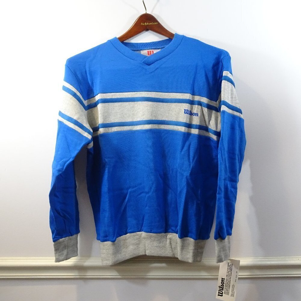 Vintage NOS Wilson All Sport Sweatshirt Size L W5013 Blue Gray V-Neck Stripes